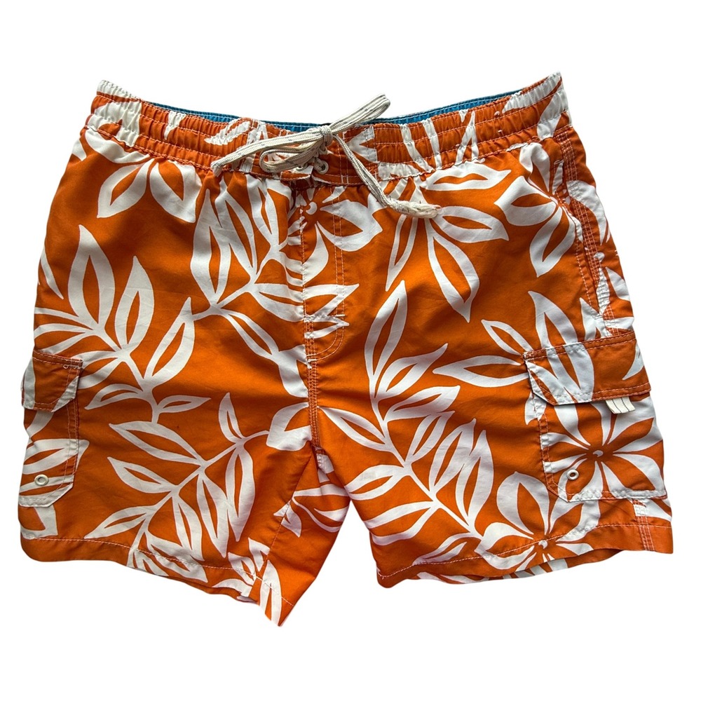 Caribbean Joe Orange Tropical‎ Leaf Swim Trunks Men's L/G Board Shorts Pockets